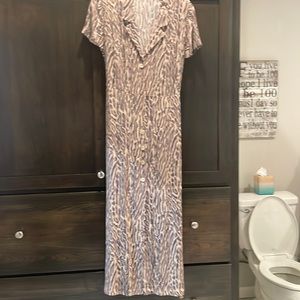 Maxi dress, 49” from shoulder to hem line, ream & gray